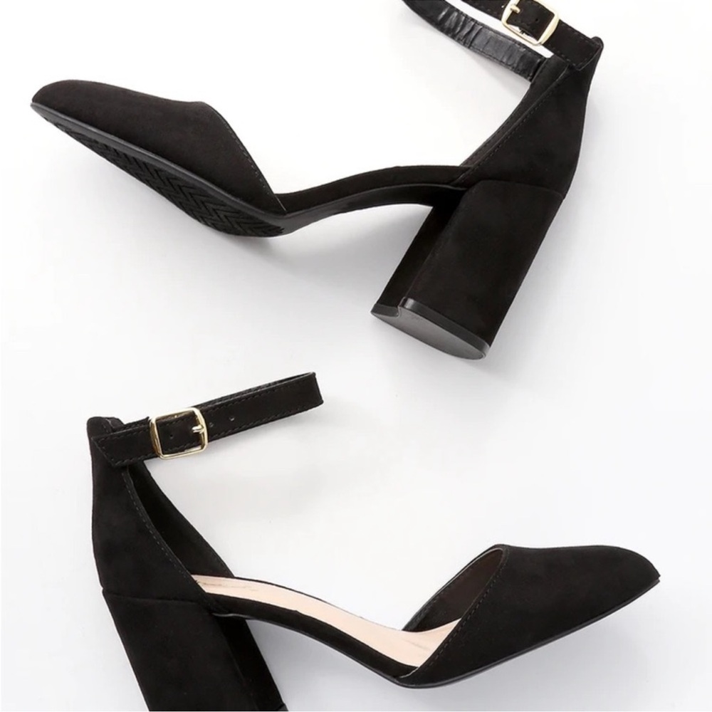 LULUS Ellarose Black Suede Ankle Strap Chunky Heels Size 5 NEW - Picture 15 of 15